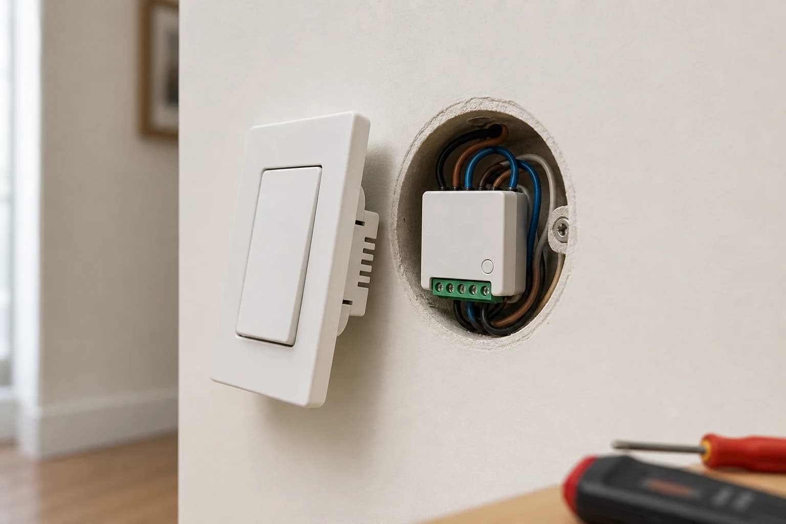 Визуализация обычного механического выключателя с компактным Zigbee-реле без нейтрали